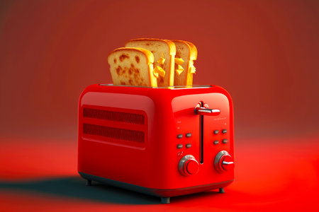 bright red toaster with four thick slices of bread