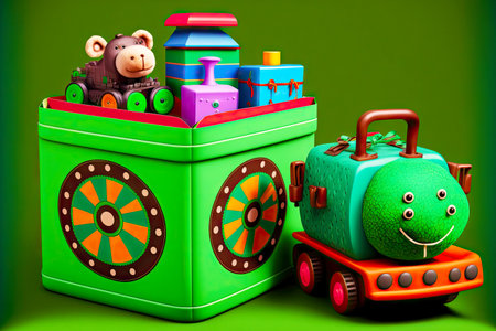 toys boxes for children with toys on green backgroundの写真素材