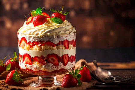 homemade cream strawberry trifle on table on blurry backgroundの写真素材