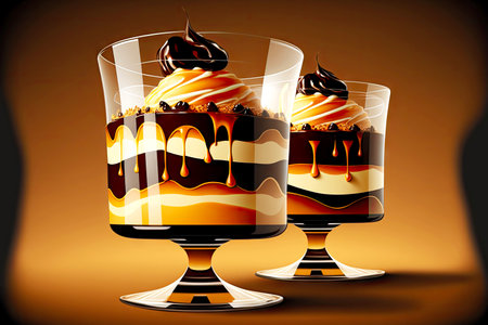 chocolate and mocha small cakes in large trifle caramel on tableの写真素材