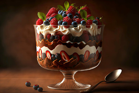 chocolate open-faced trifle decorated with berries and cream on plateの写真素材