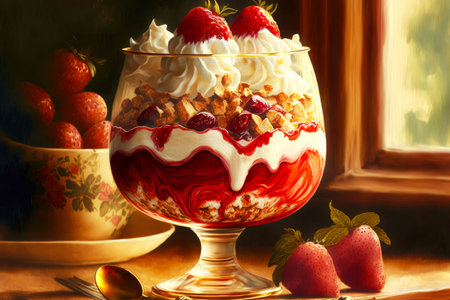 strawberry sauce for trifle with cream and chestnuts sprinkled with nutsの写真素材