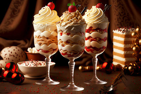 glasses filled with mouth-watering dessert cream for holiday and festive trifleの写真素材