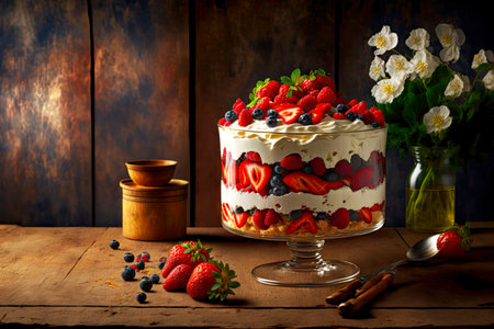 baked delicious strawberry trifle with berries and cream on tableの写真素材