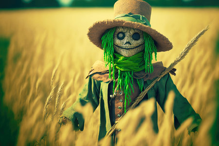 Scarecrow with green hair and straw hat stands on wheat fieldの写真素材