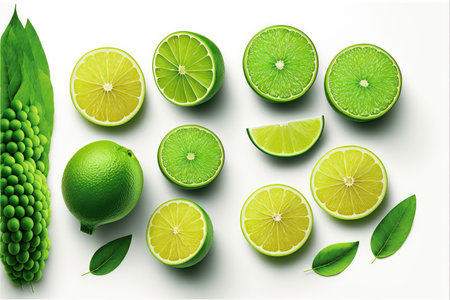 round cut halves and slices of lime on white background