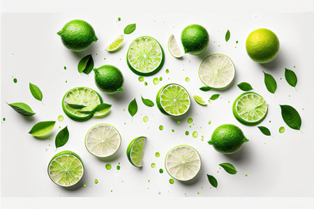 scattered leaves and circles and pieces of lime on whiteの写真素材