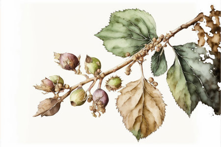 a thin twig with leaves and few hazelnut on whiteの写真素材