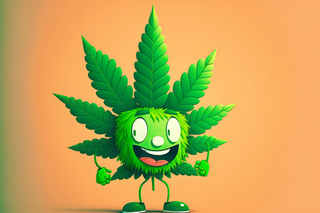 cannabis leaf cartoon character with hemp leaves on green backgroundの写真素材
