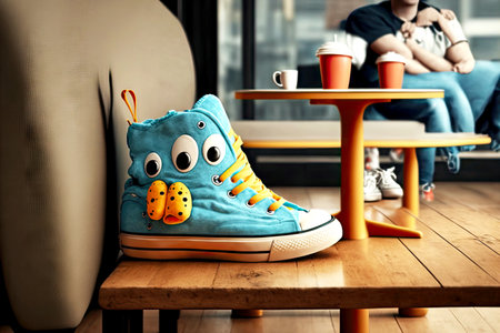 fashionable creative cute sneakers character seat in cafeの写真素材