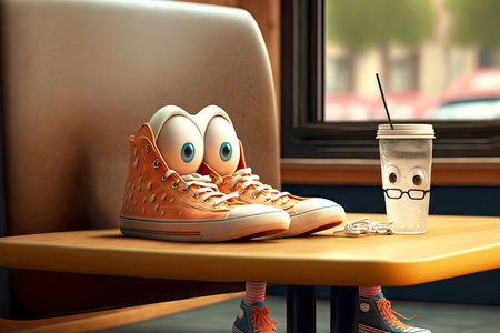 sitting on cute sneakers character seat in cafe child with refreshmentの写真素材