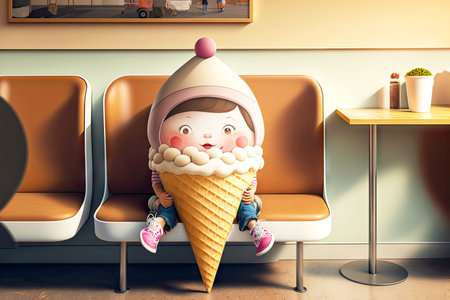 child with cute sneakers character seat in cafe ice cream cone to playの写真素材