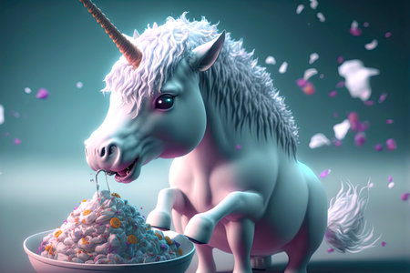 magical creature from distant worlds cute unicorn eating sweetsの写真素材