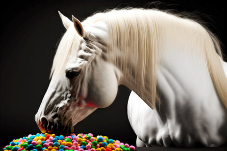 beautiful white horse with rainbow mane cute unicorn eating sweetsの写真素材