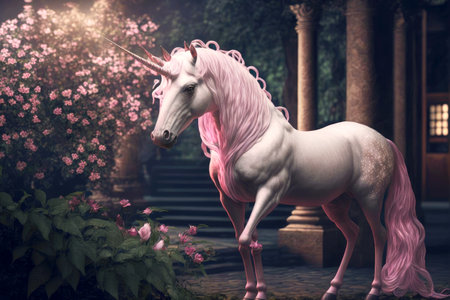 beautiful pink unicorn in illuminated gardenの写真素材