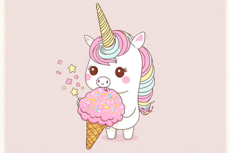 stroke of pink magic wand cute unicorn eating sweetsの写真素材