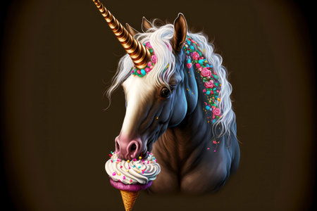 fantasy dessert cute unicorn eating sweets on dark backgroundの写真素材