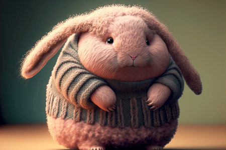 cute fluffy pink fat rabbit in sweater with long ears