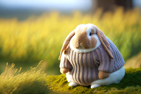 funny pictures of fat rabbit in sweater with long ears sitting on blurry backgroundの写真素材