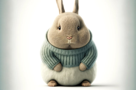cute funny little creature in fat rabbit in sweater with long ears isolated on white backgroundの写真素材