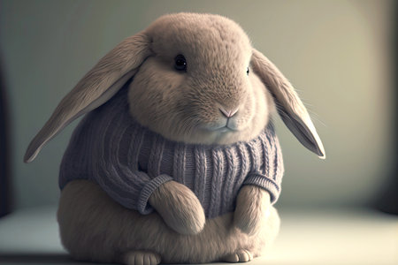 grey cute little fluffy animal fat rabbit in sweater with long earsの写真素材