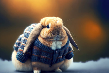 small fluffy pets in winter jacket fat rabbit in sweater with long earsの写真素材