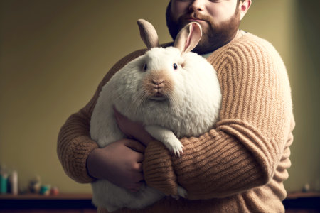 white fluffy pet in hands of man fat rabbit in sweater with long earsの写真素材