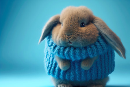 cute fluffy bunny in blue sweater with floppy ears on bright backgroundの写真素材