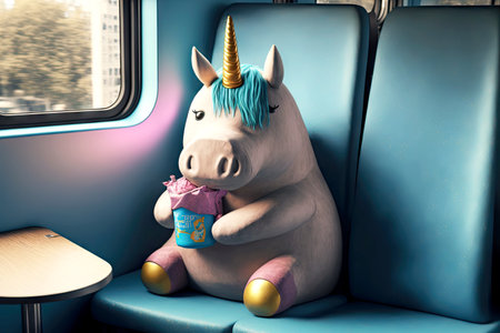 comfortable seat for big person with food and coffee fat unicorn character seat in trainの写真素材