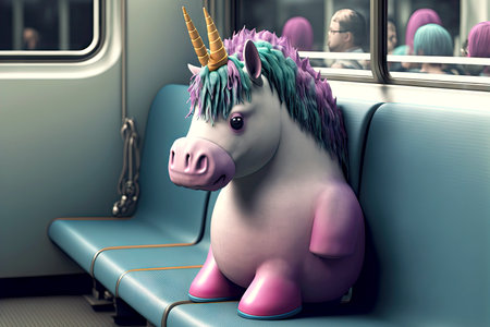 fat unicorn character seat in train travelling alone