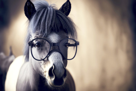 grey black funny pony with glasses and on blurred backgroundの写真素材