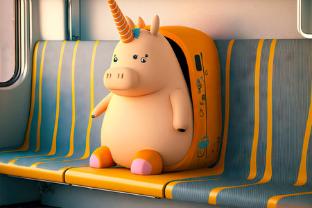 vertical orange striped background with fat unicorn character seat in train