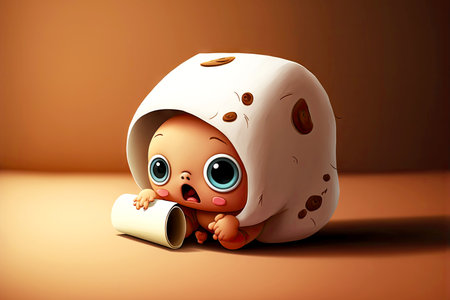baby laying on floor play with toilet paper cute cartoon characterの写真素材