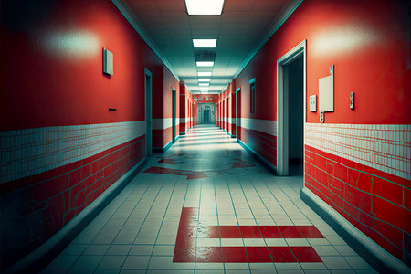 red tiles on floor of hospital corridor and exit to streetの写真素材