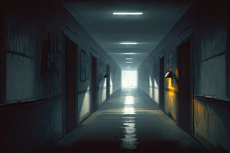 long dark hospital corridor with light at the endの写真素材