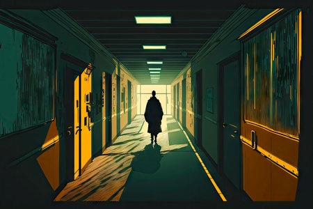 low light in hospital corridor and man walking to wardの写真素材