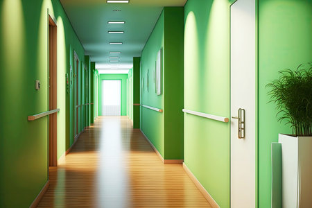 hospital corridor with light green walls and wooden floorの写真素材