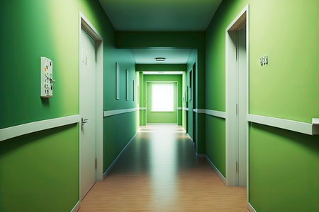 hospital corridor with light green walls and wooden floorの写真素材