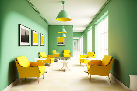 yellow green hospital corridor with comfortable armchairs and table