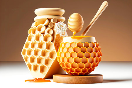 honey with honeycomb and wooden spoonの写真素材