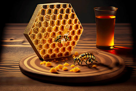 golden honeycomb on a wooden plate on the tableの写真素材