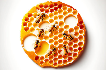 circle of honey with honeycombs on white background