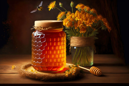 jar of fresh honey with flowers and honeycombの写真素材
