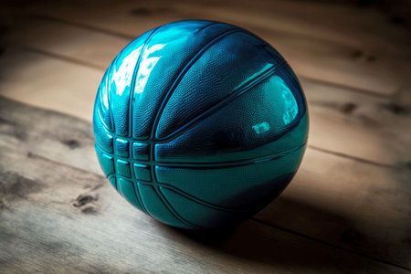bright blue glossy new basketball ball lying on wooden floorの写真素材