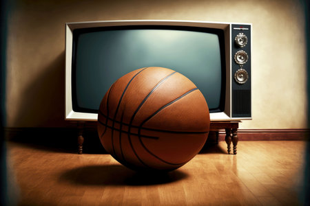basketball ball lies on wooden floor in front of television setの写真素材