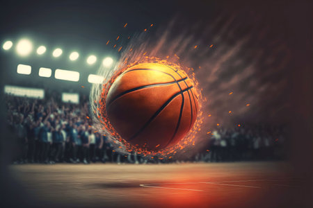basketball ball hit in exhibition basketball match on blurry dark backgroundの写真素材