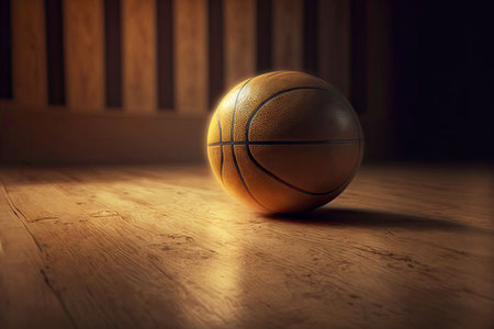 light yellow used basketball ball lying on wooden floorの写真素材