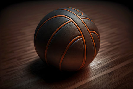 ball with leather surface and laces lying on dark basketball courtの写真素材