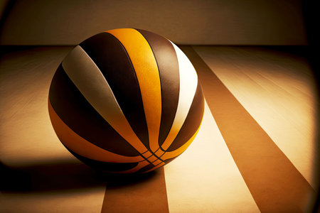 basketball ball with brown and yellow stripes lies on floorの写真素材