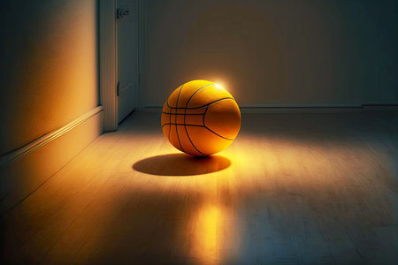 yellow light basketball ball lying on floor in roomの写真素材
